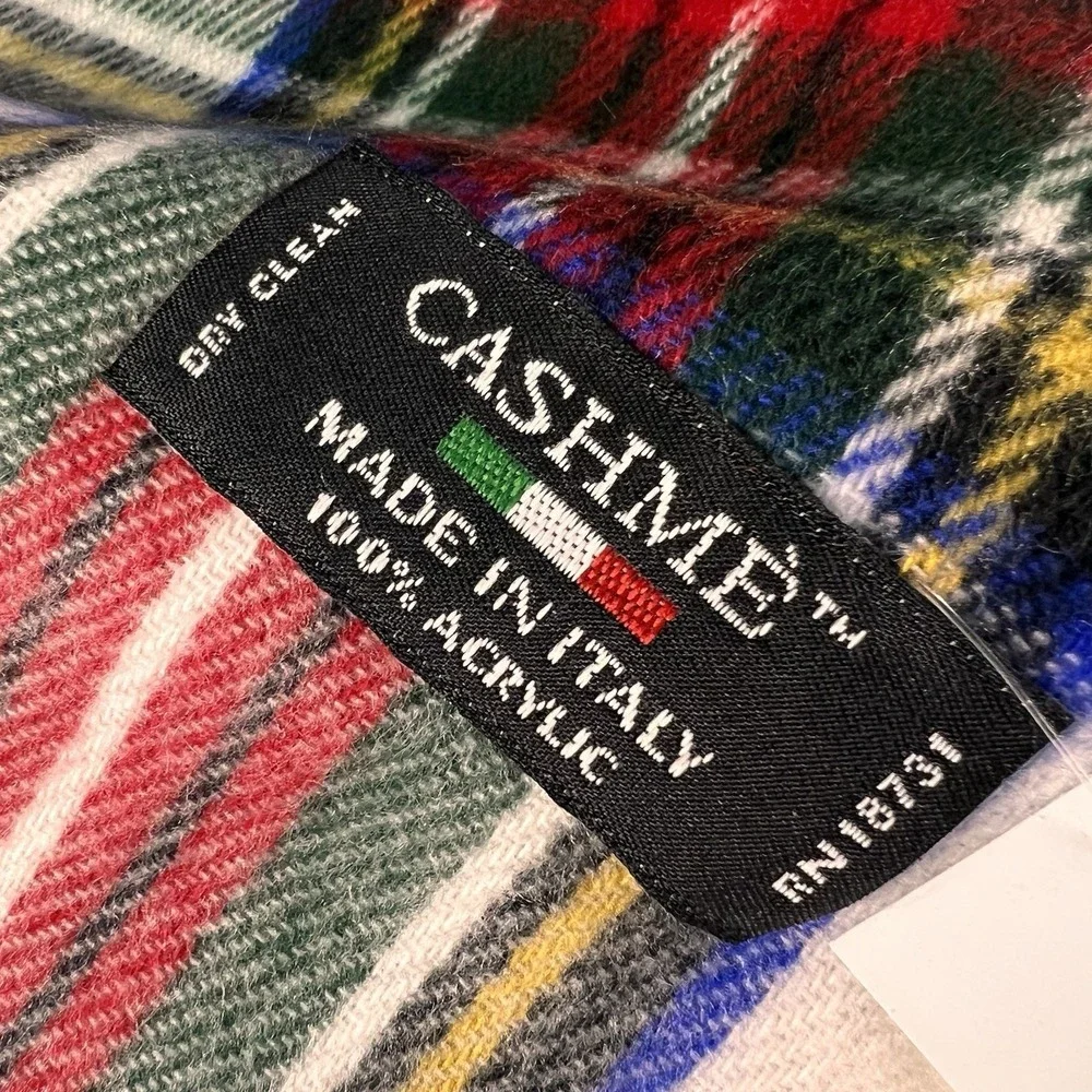 Saddlebred Plaid Scarf Unisex OS White NEW Tartan Fringed Acrylic Made in Italy
